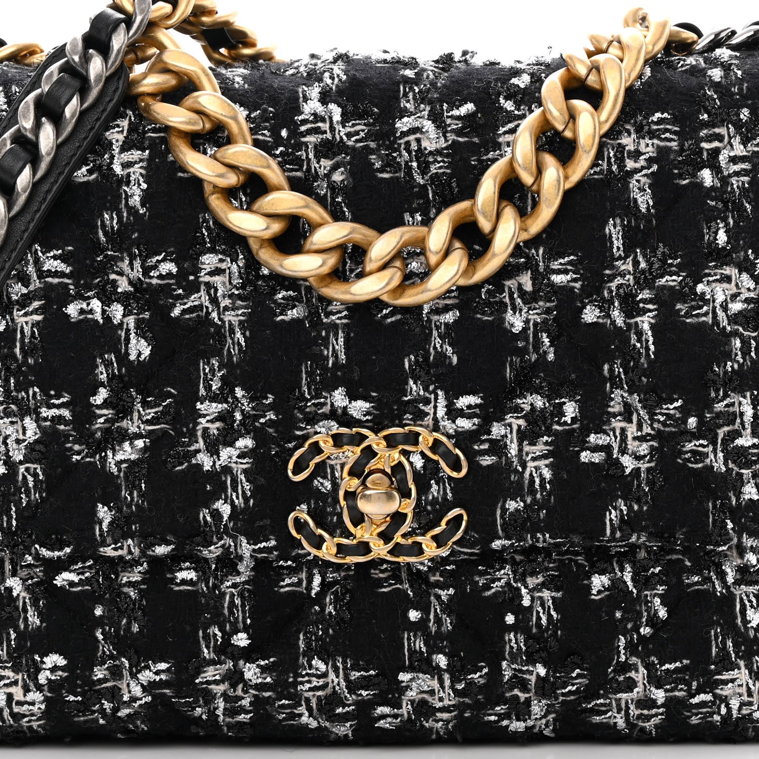 Chanel Tweed Quilted Large Chanel 19 Flap Black Silver Ecru 8 of 11