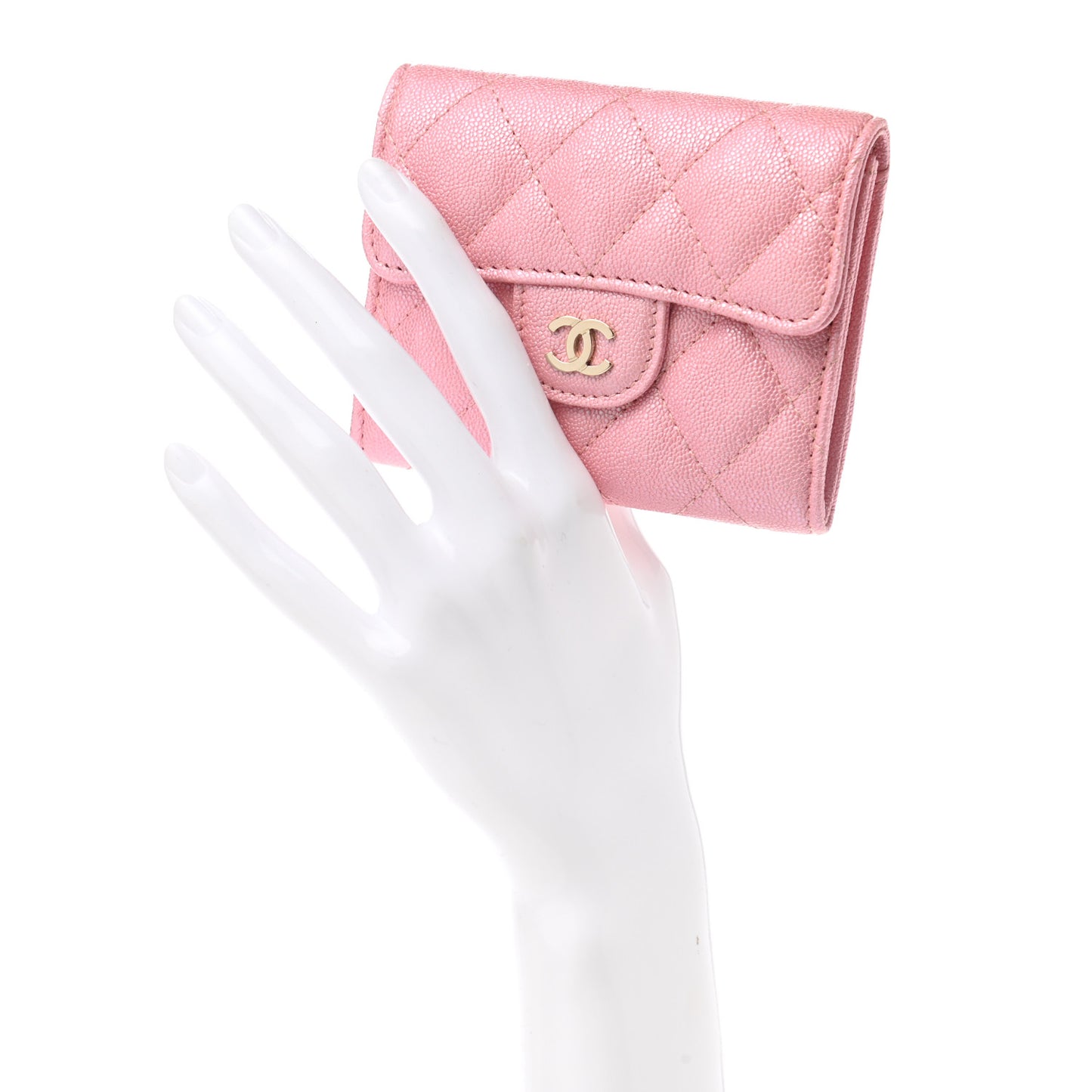 Iridescent Caviar Quilted Flap Card Holder Wallet Pink