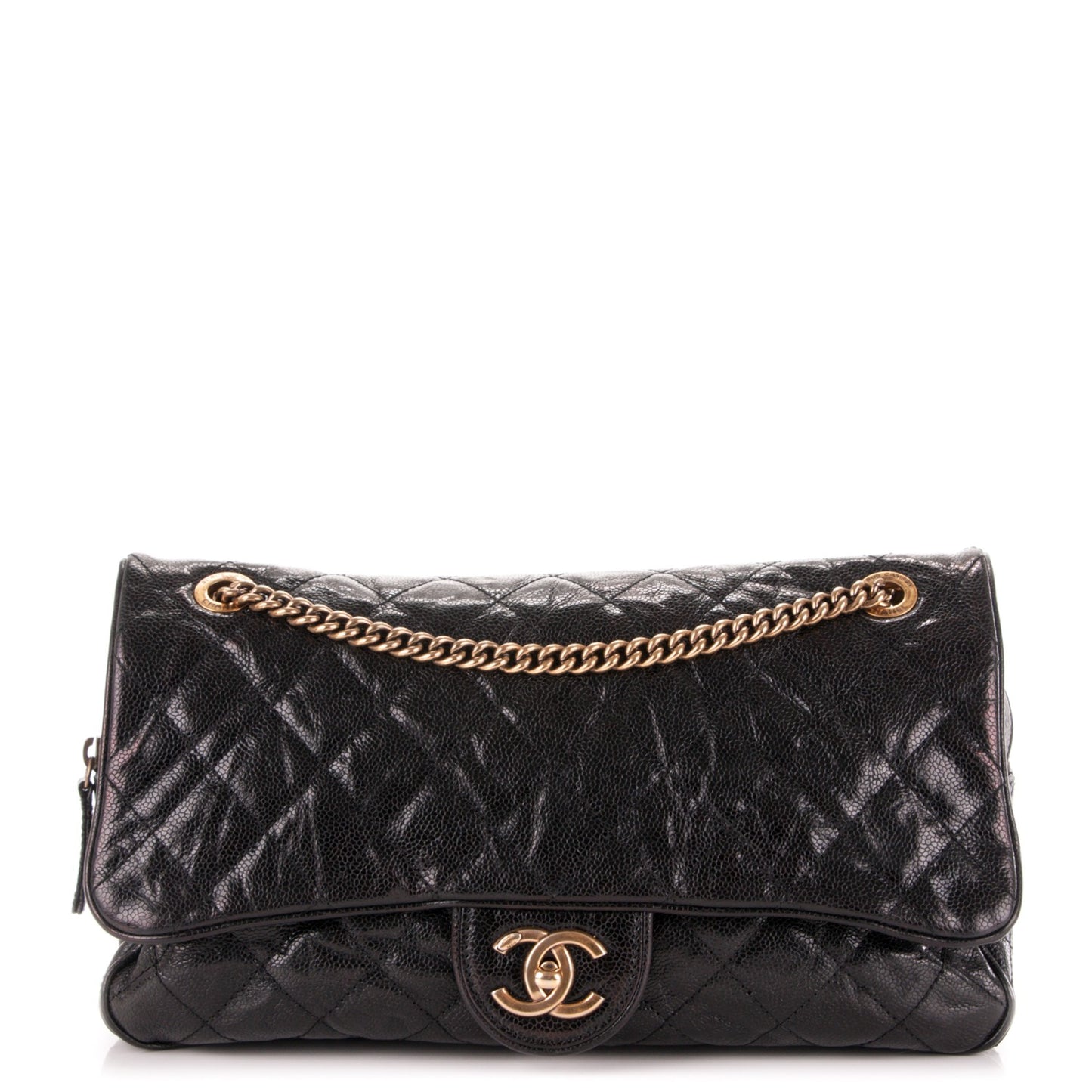 Crumpled Grained Calfskin Quilted Large Shiva Flap Black