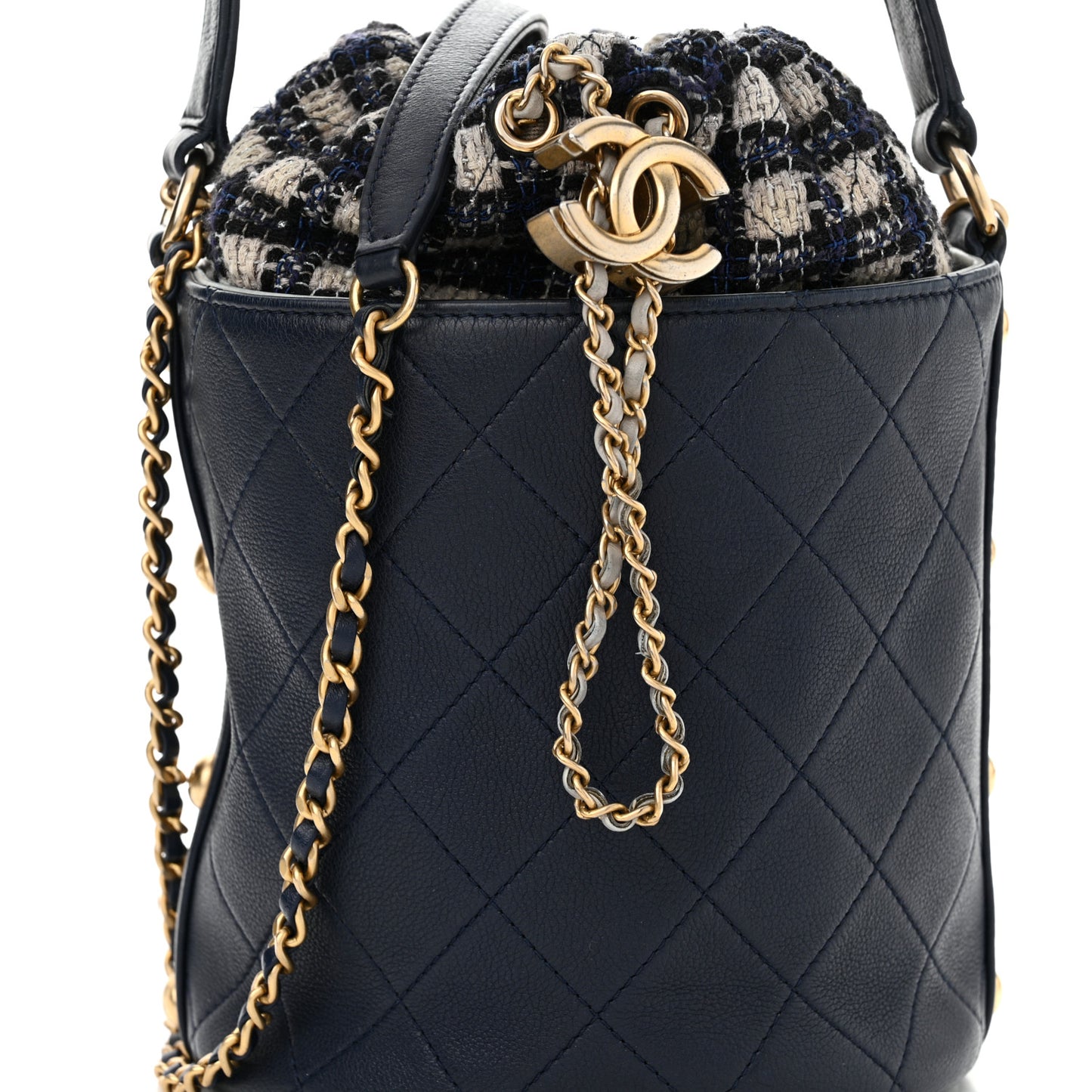Calfskin Tweed Medium CC Chain Bucket Drawstring Bag Navy Blue Multicolor