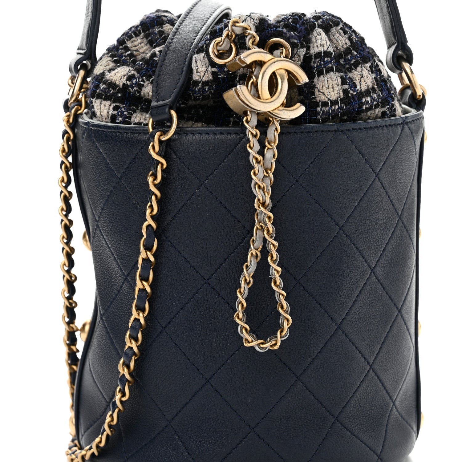 Chanel Calfskin Tweed Medium CC Chain Bucket Drawstring Bag Navy Blue Multicolor 8 of 13