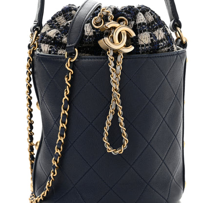 Chanel Calfskin Tweed Medium CC Chain Bucket Drawstring Bag Navy Blue Multicolor 8 of 13