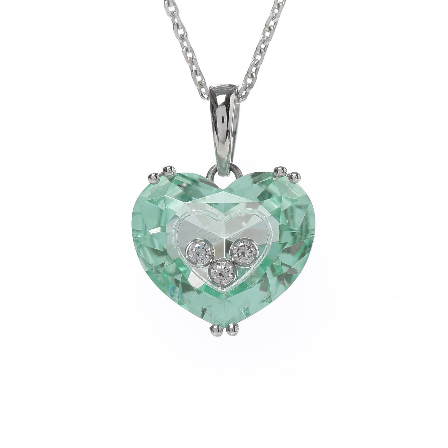 Chopard 18K White Gold Diamond Crystal So Happy Heart Pendant Necklace Green 4 of 5