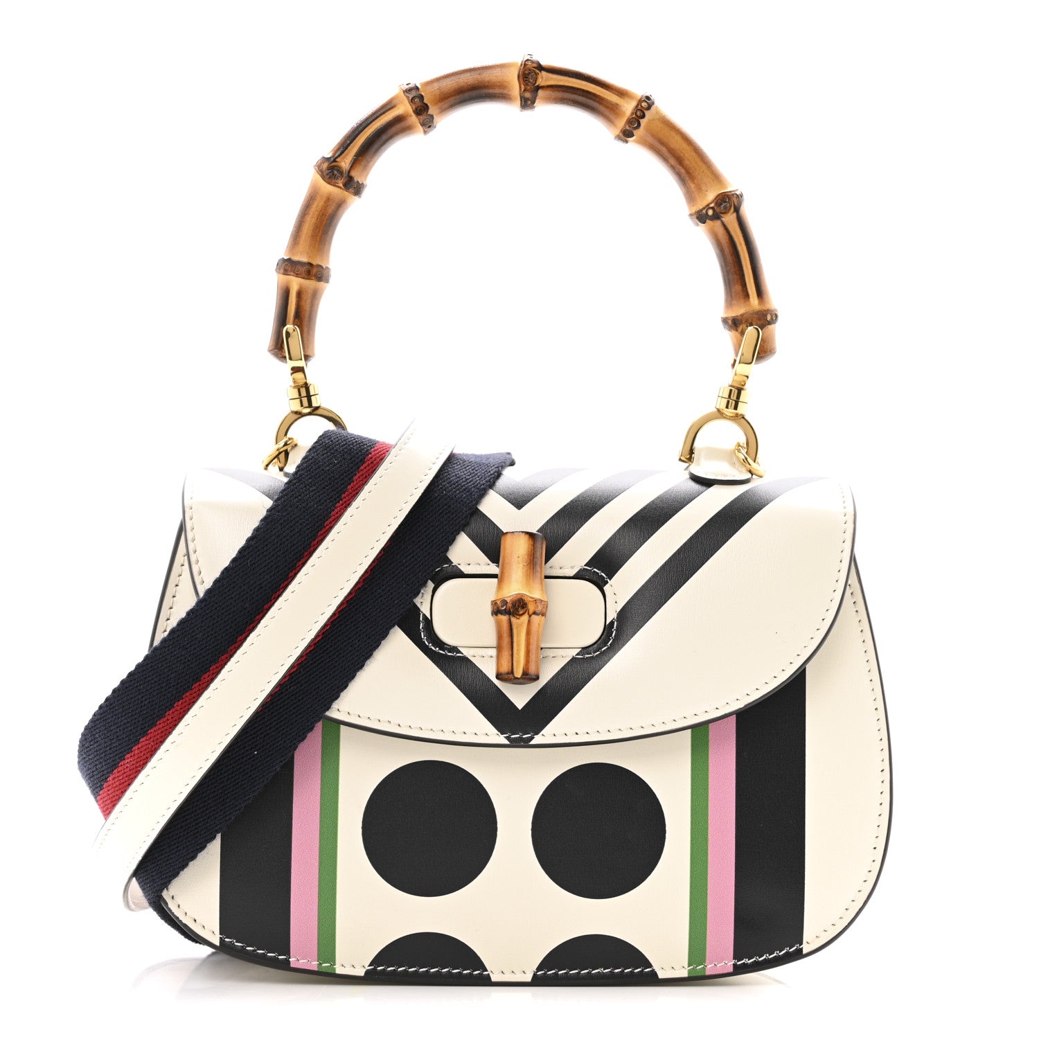 Gucci Calfskin Web Geometric Print Small Bamboo 1947 Top Handle Bag White Multicolor 1 of 13