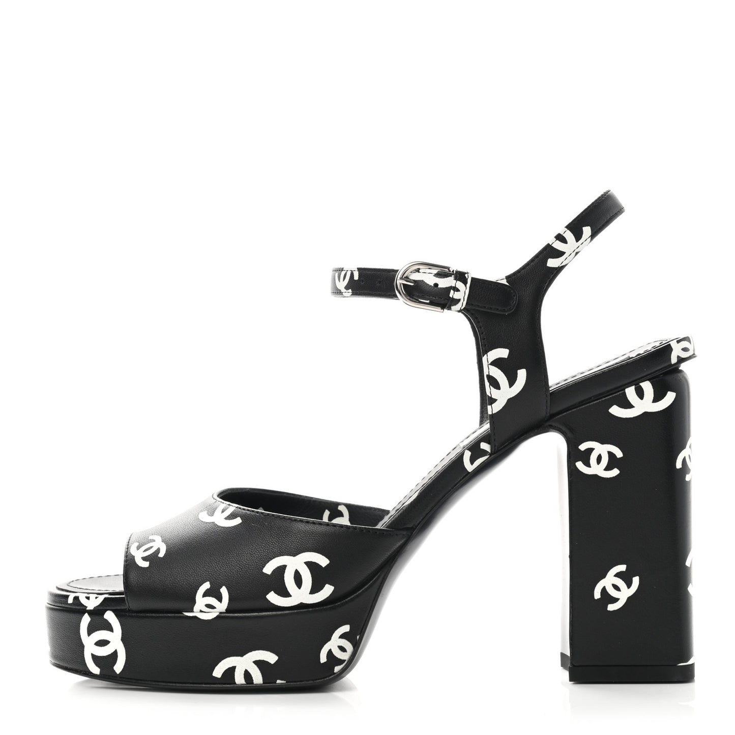 Printed Lambskin CC Platform Sandals 39 Black White