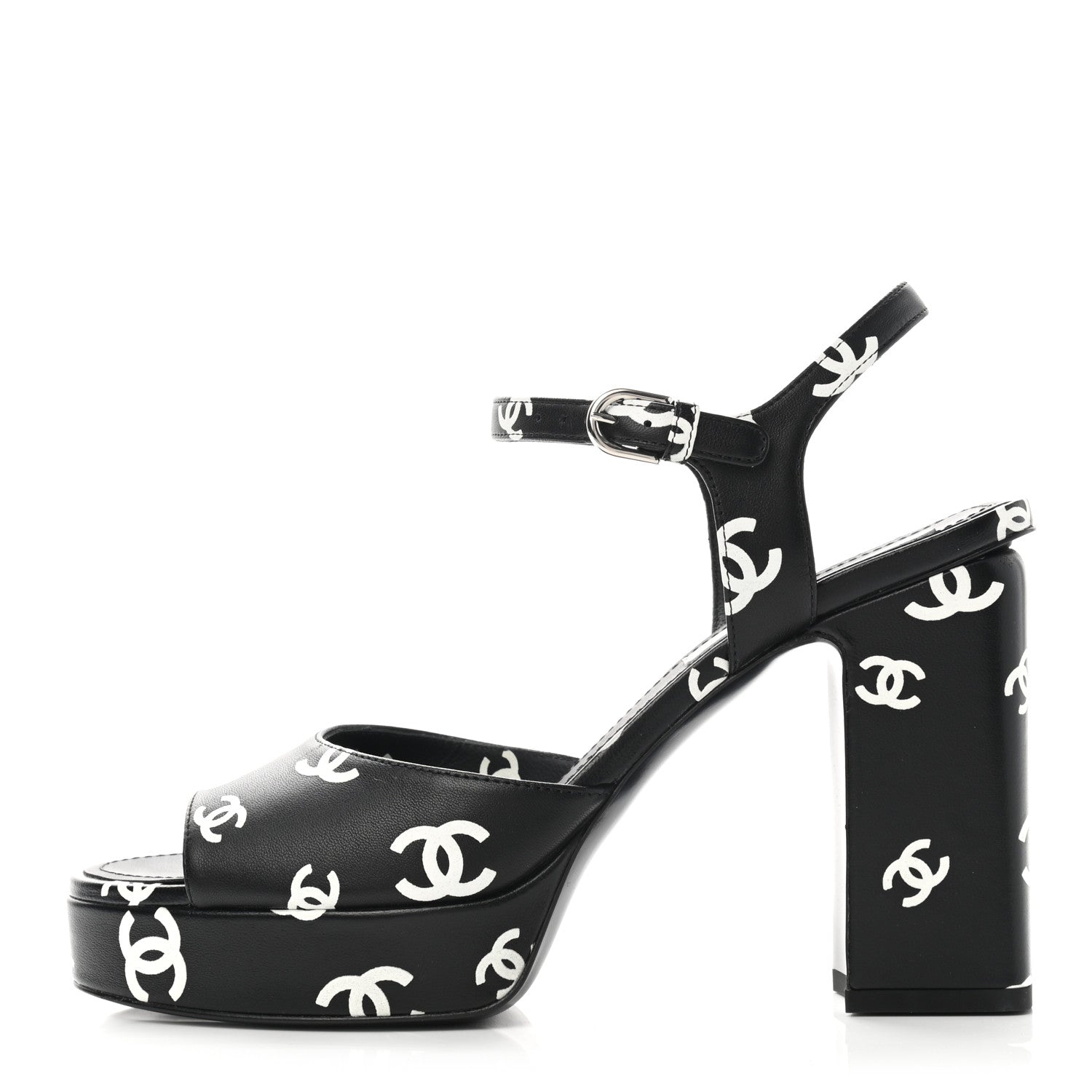 Chanel Printed Lambskin CC Platform Sandals 39 Black White 1 of 9