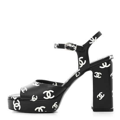 Chanel Printed Lambskin CC Platform Sandals 39 Black White 1 of 9