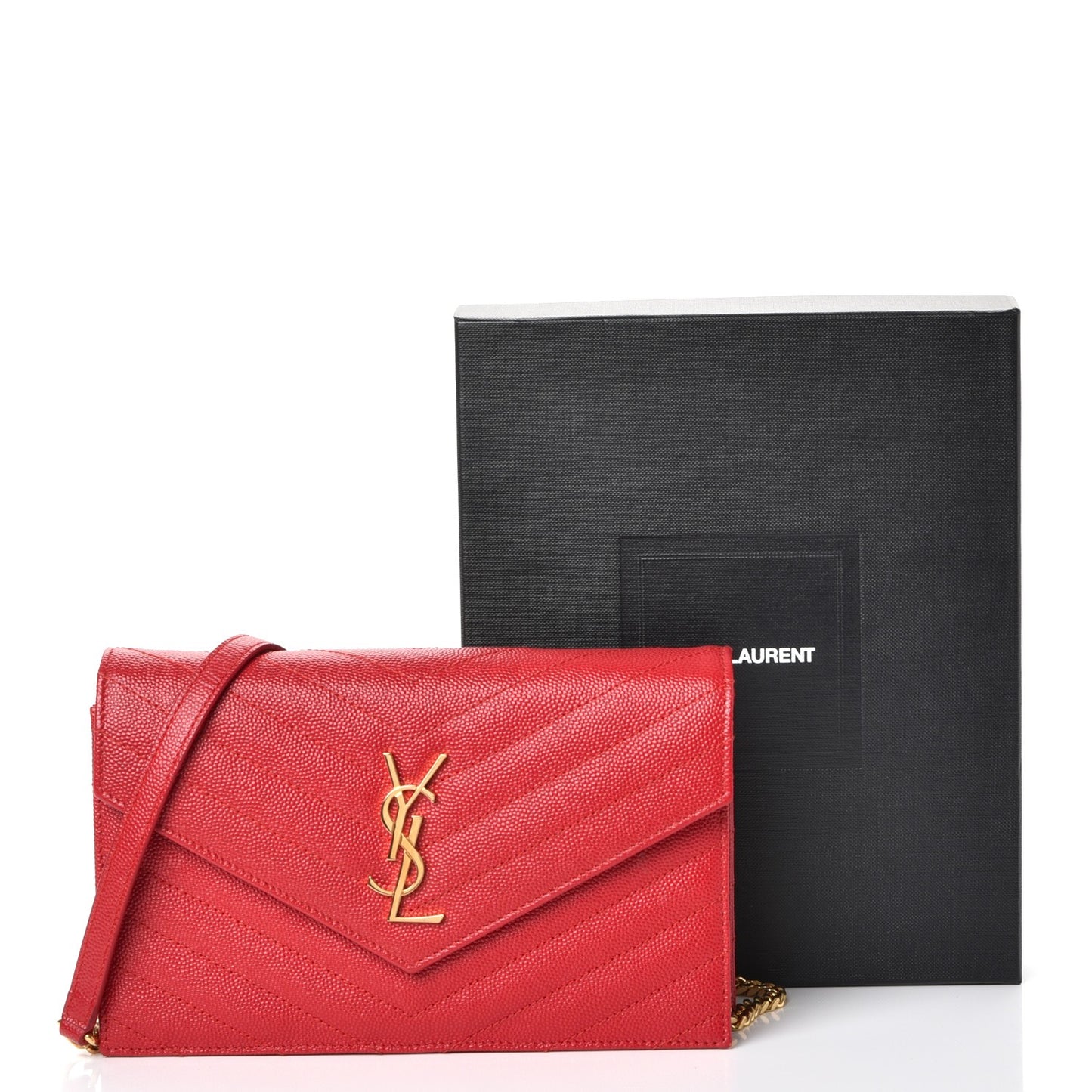 Grain De Poudre Matelasse Chevron Monogram Envelope Chain Wallet New Red
