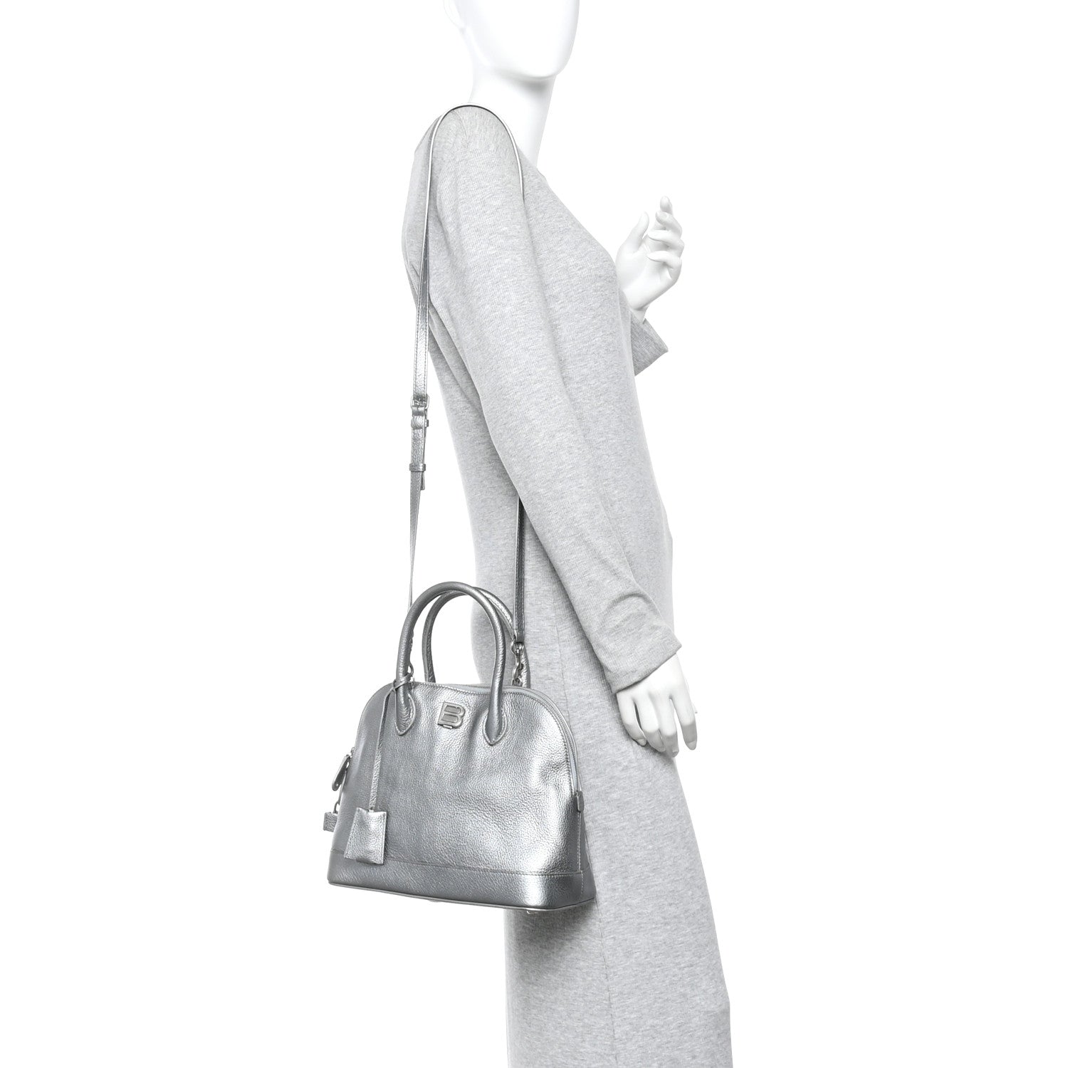 BALENCIAGA シルバー ロゴ 片耳のみ Balenciaga Metallic Calfskin LED Logo Projector Top Handle Bag