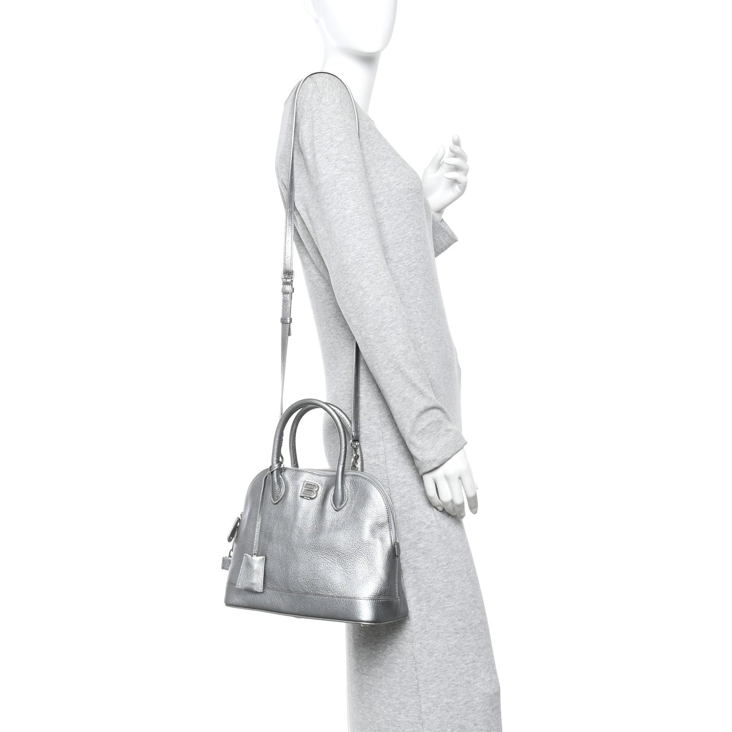 Metallic Calfskin LED Logo Projector Top Handle Bag Silver
