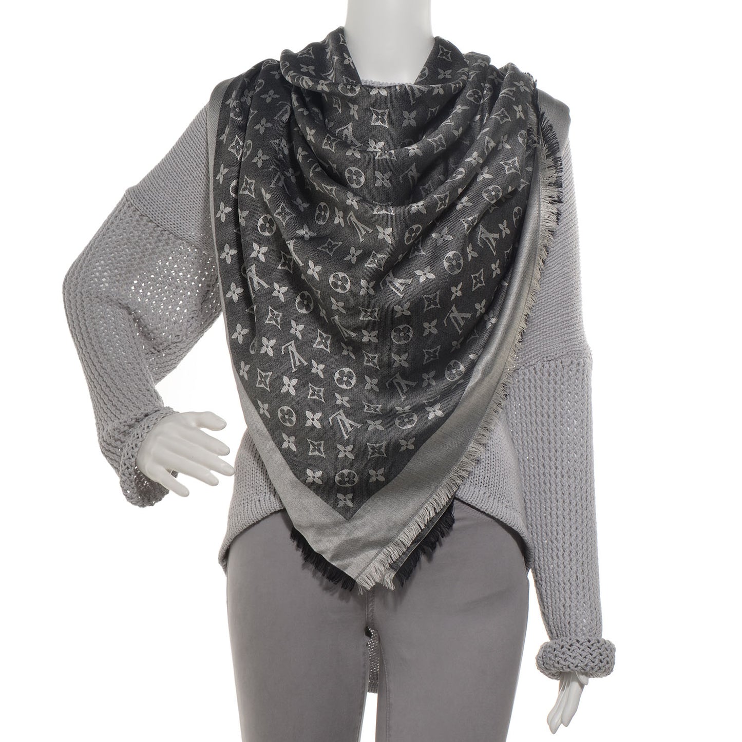 Silk Wool Monogram Denim Shawl Black