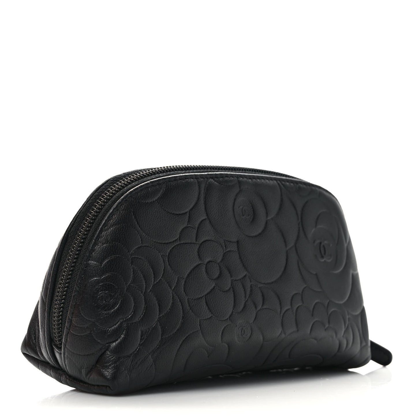Lambskin Camellia Embossed Cosmetic Case Black