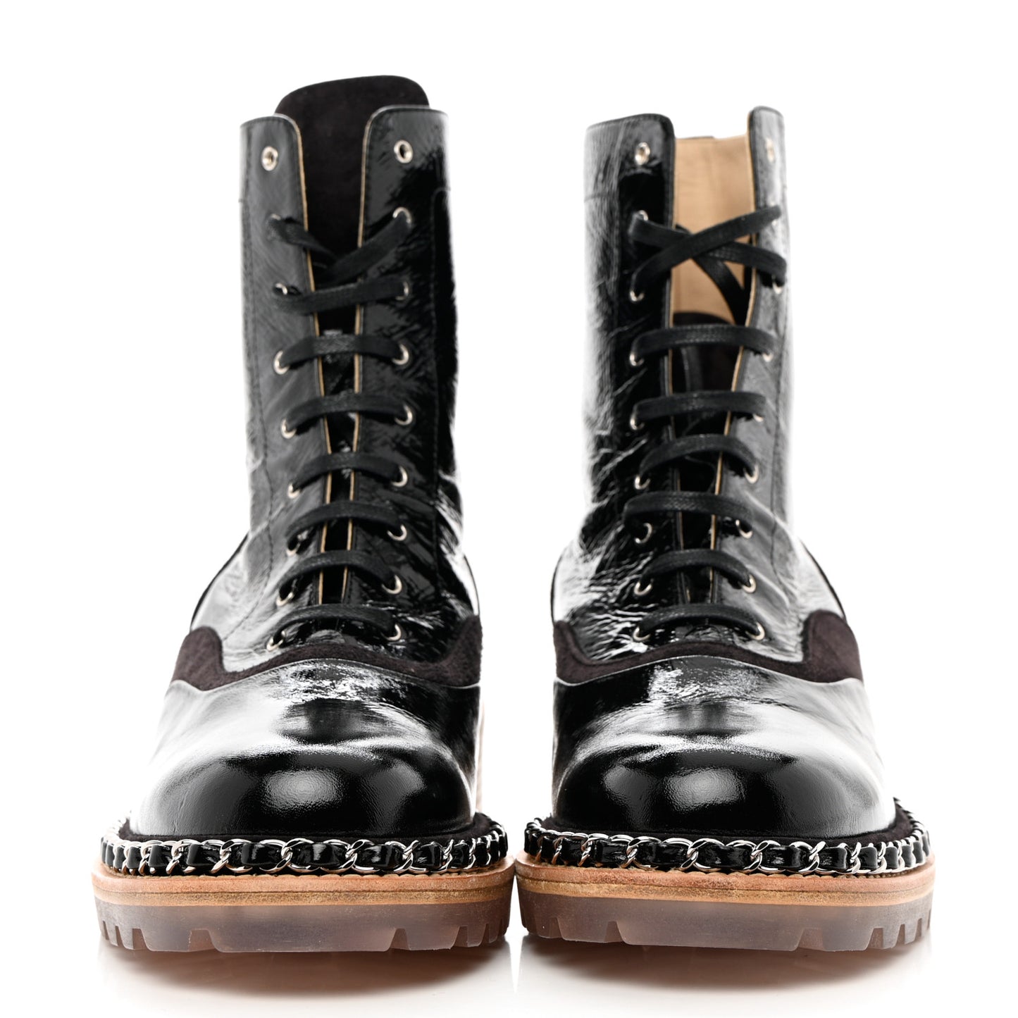 Patent Lace Up Chain Boots 37.5 Black