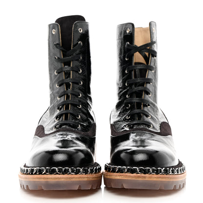 Chanel Patent Lace Up Chain Boots 37.5 Black 2 of 8