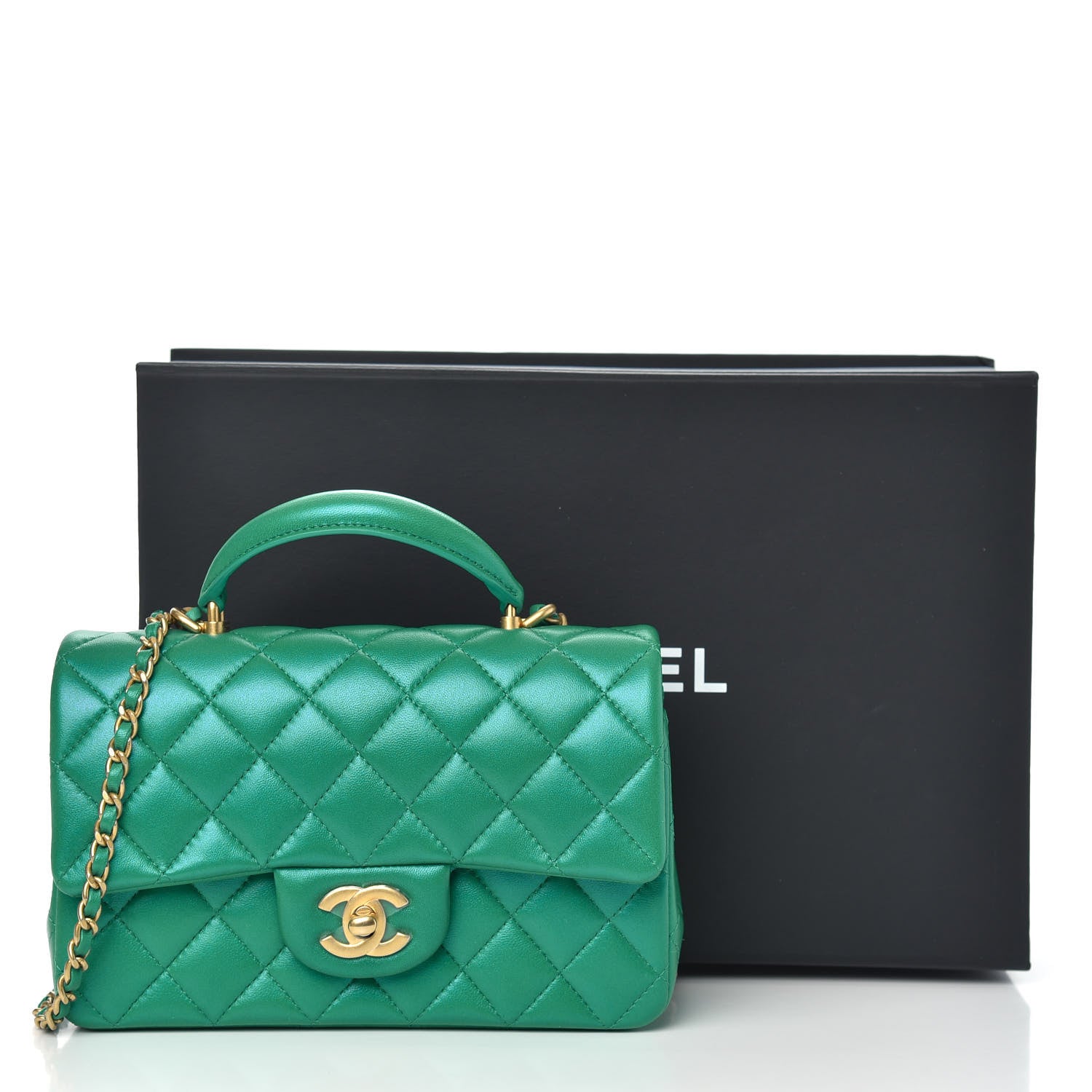 Chanel Iridescent Lambskin Quilted Mini Top Handle Rectangular Flap Green 11 of 11