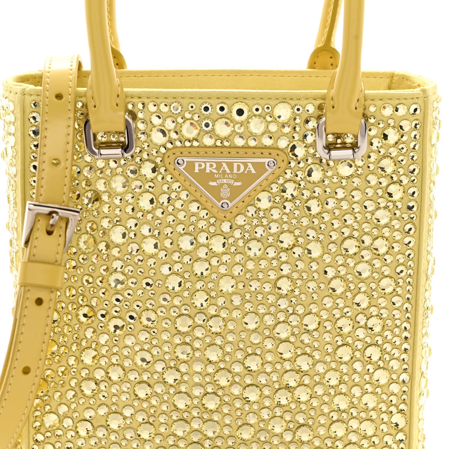 Satin Crystal Metal Triangle Logo Small Double Handle Crossbody Tote Ananas