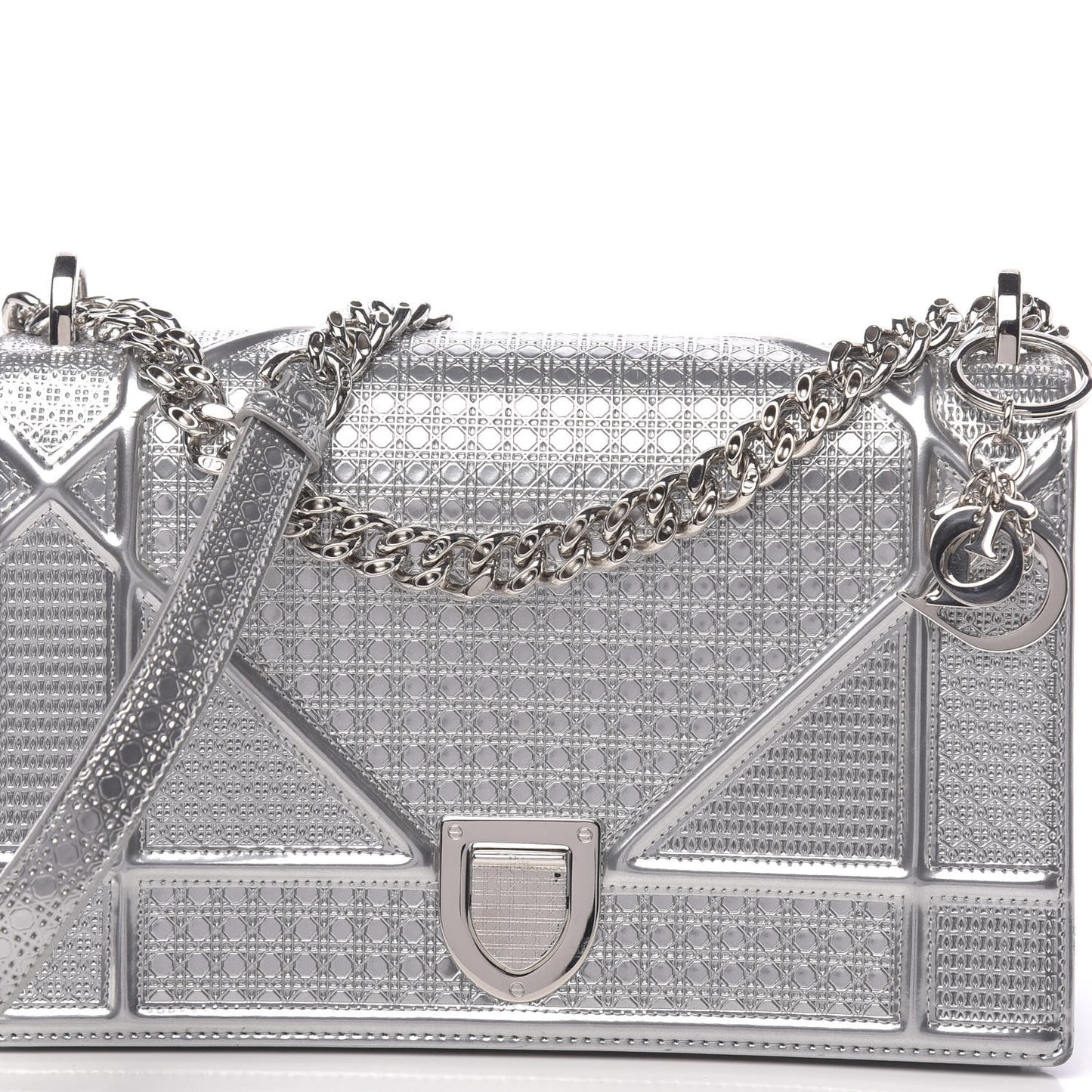Metallic Patent Micro-Cannage Medium Diorama Flap Bag Silver
