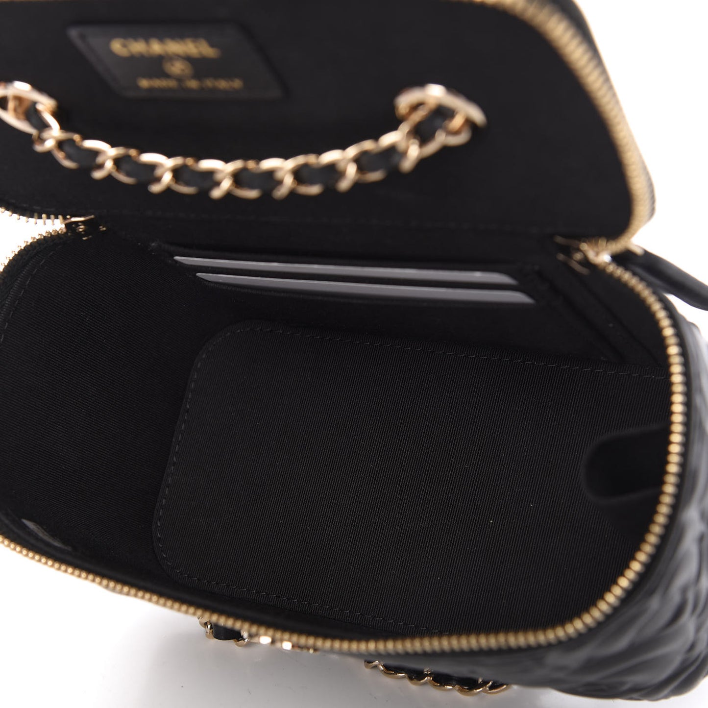 Lambskin Camellia Embossed Small Vanity Case With Chain Black