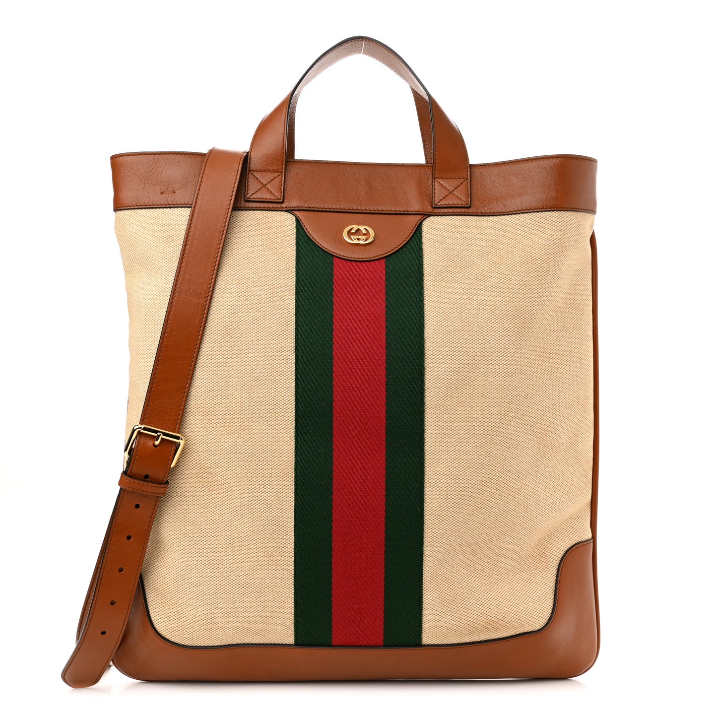 Vintage Canvas Calfskin Web Flat Tote Sand Light Cuir