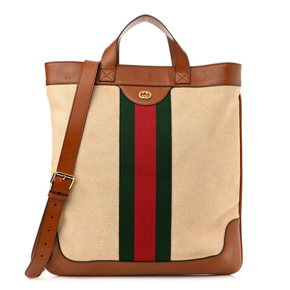 Gucci Vintage Canvas Calfskin Web Flat Tote Sand Light Cuir 1 of 10