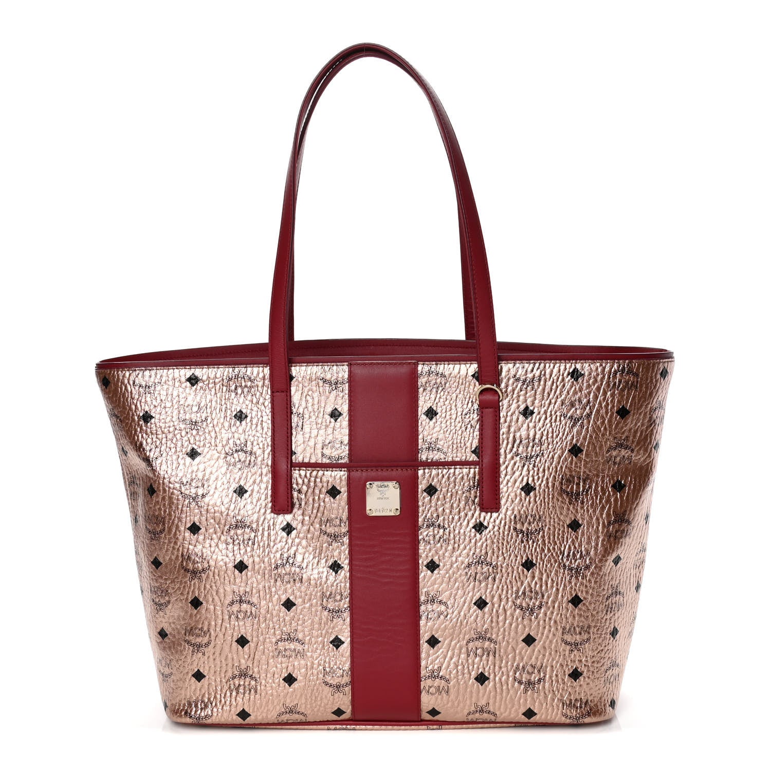 MCM Metallic Visetos Medium Anya Shopper Tote Champagne Gold Red 1 of 9