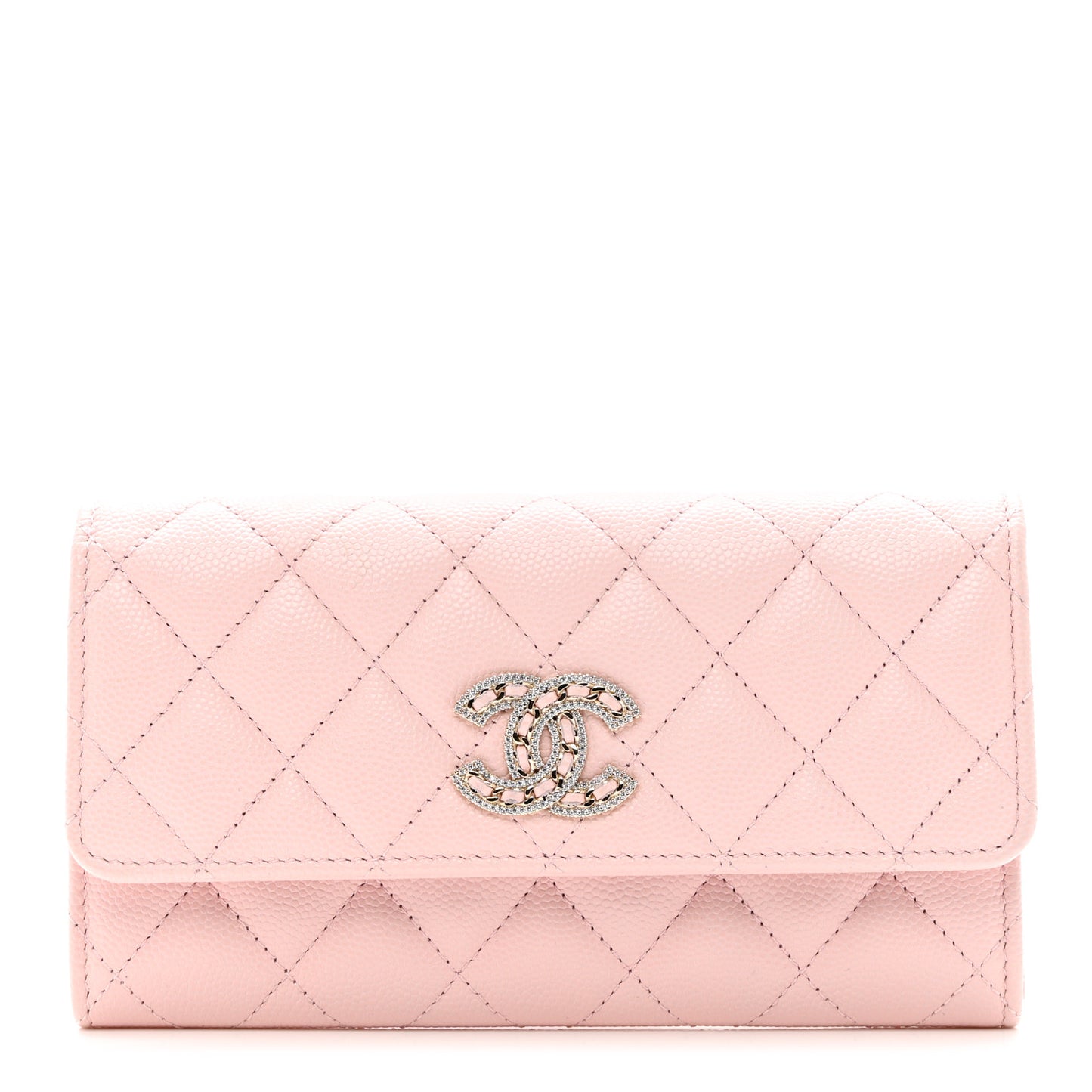 Caviar Quilted Crystal CC Large Gusset Flap Wallet Pink