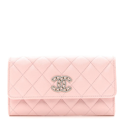 Chanel Caviar Quilted Crystal CC Large Gusset Flap Wallet Pink 1 of 9