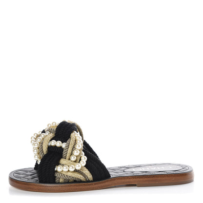 Chanel Lambskin Pearl Cord CC Mules 36 Black Beige 1 of 8