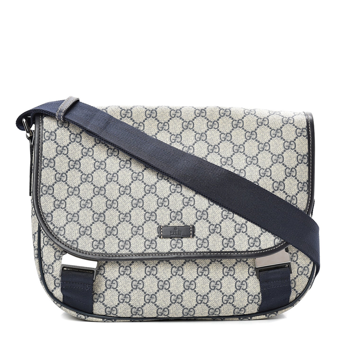 GG Plus Monogram Medium Double Buckle Flap Messenger Bag Beige Navy