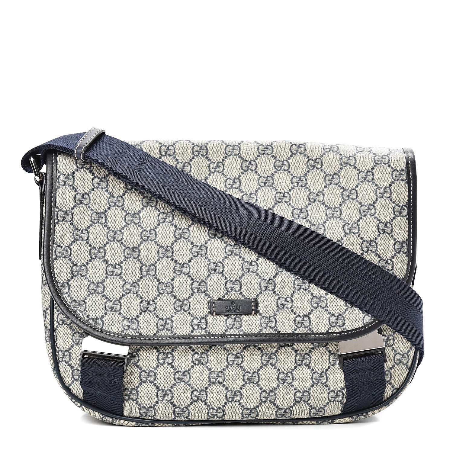 Gucci GG Plus Monogram Medium Double Buckle Flap Messenger Bag Beige Navy 1 of 9
