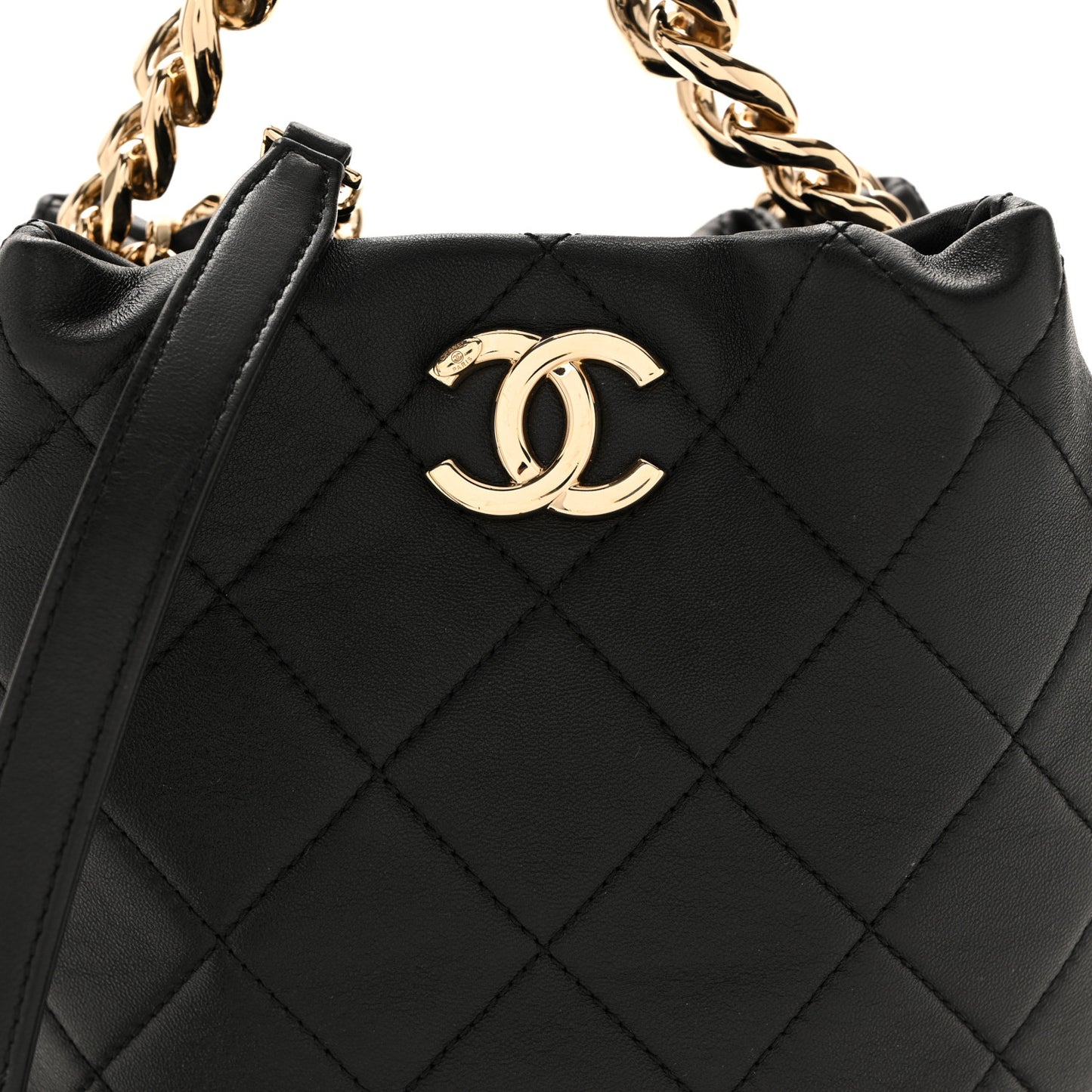 Lambskin Quilted Resin Bi-Color Chain Bucket Bag Black