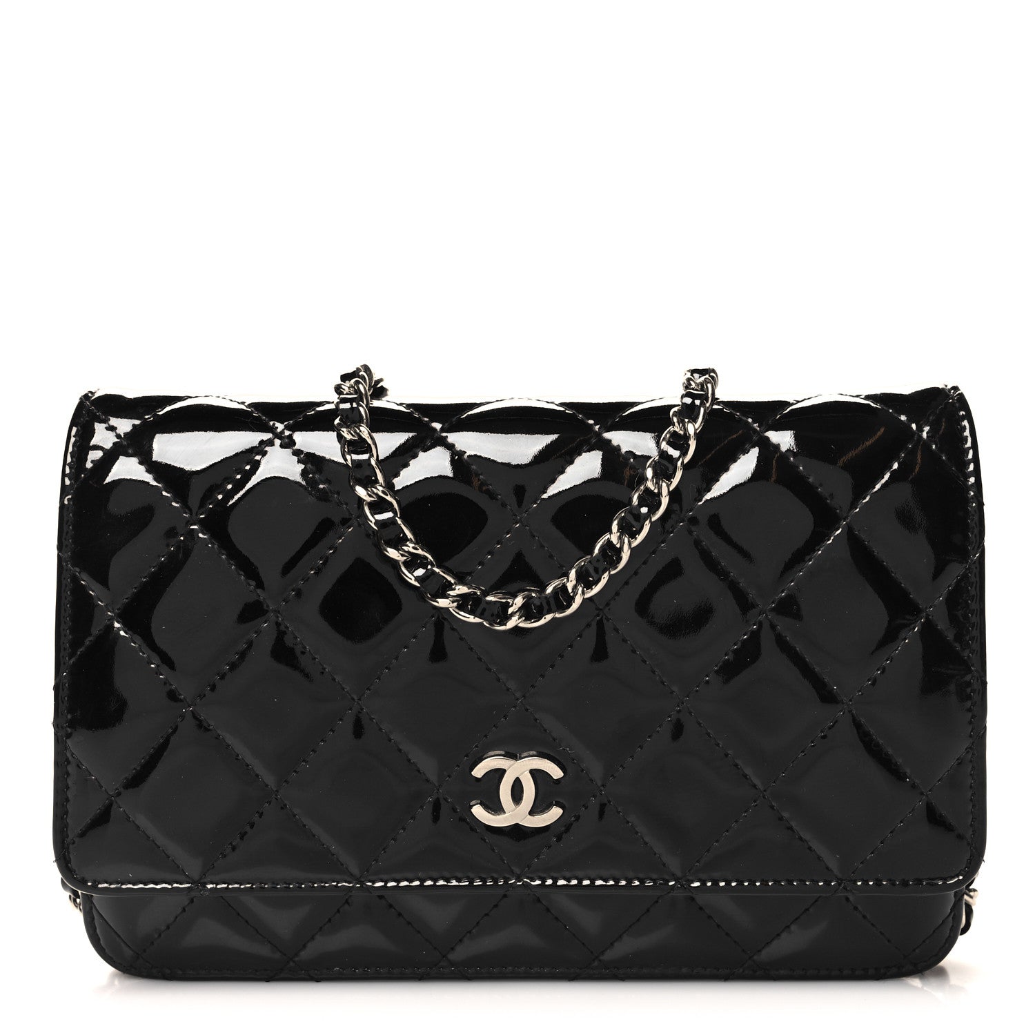 Chanel Patent Quilted Wallet On Chain WOC Black 1 of 12