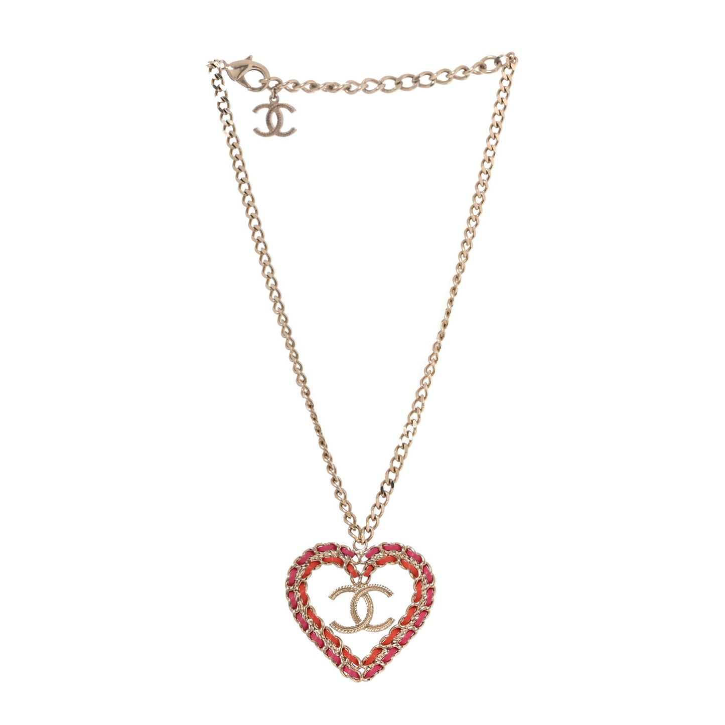 Metal Lambskin Chain CC Heart Necklace Pink Red Gold