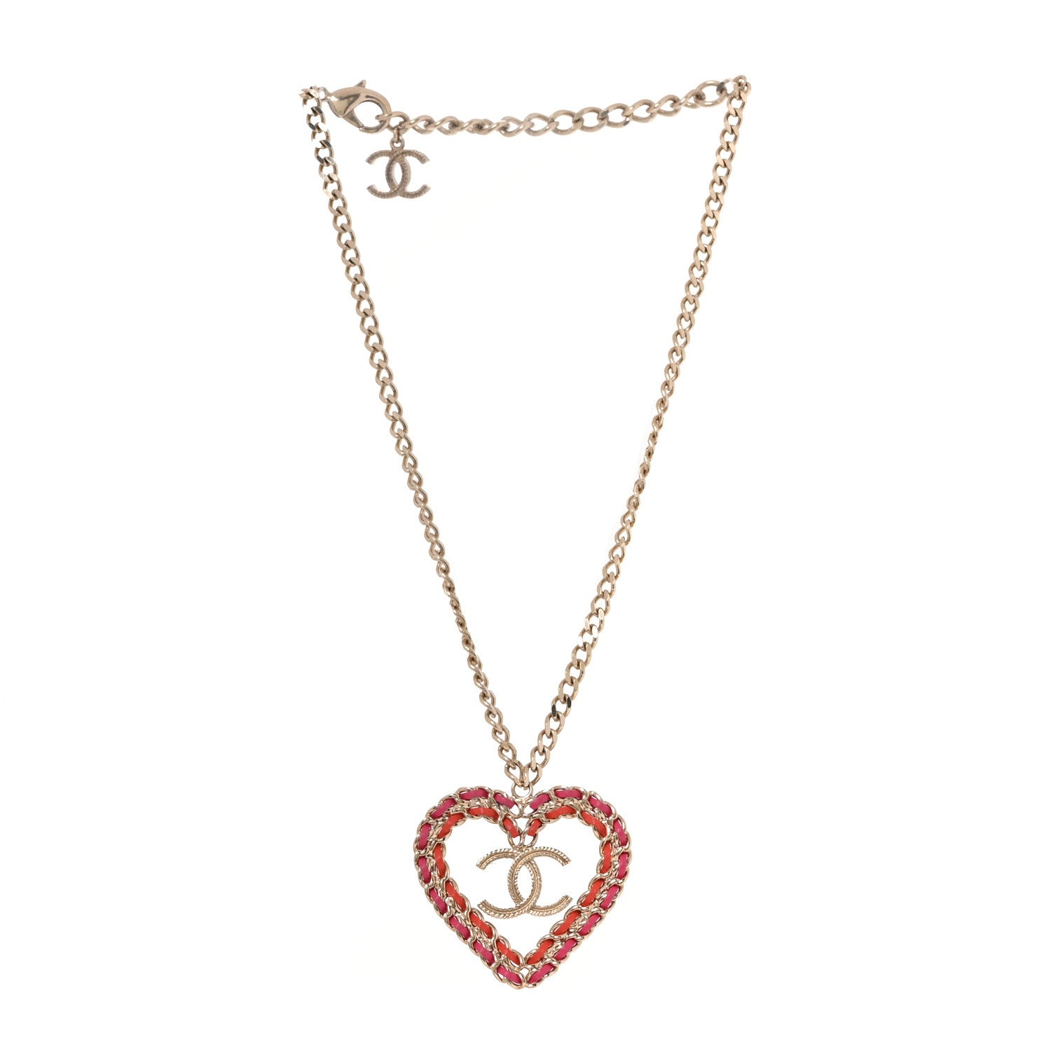 Chanel Metal Lambskin Chain CC Heart Necklace Pink Red Gold 3 of 5
