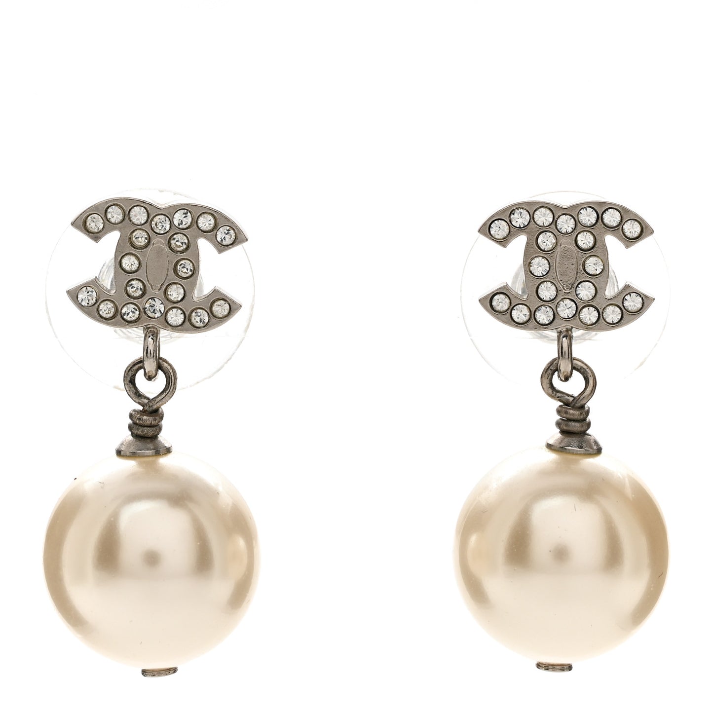 Crystal Pearl CC Drop Earrings Silver Pearly White