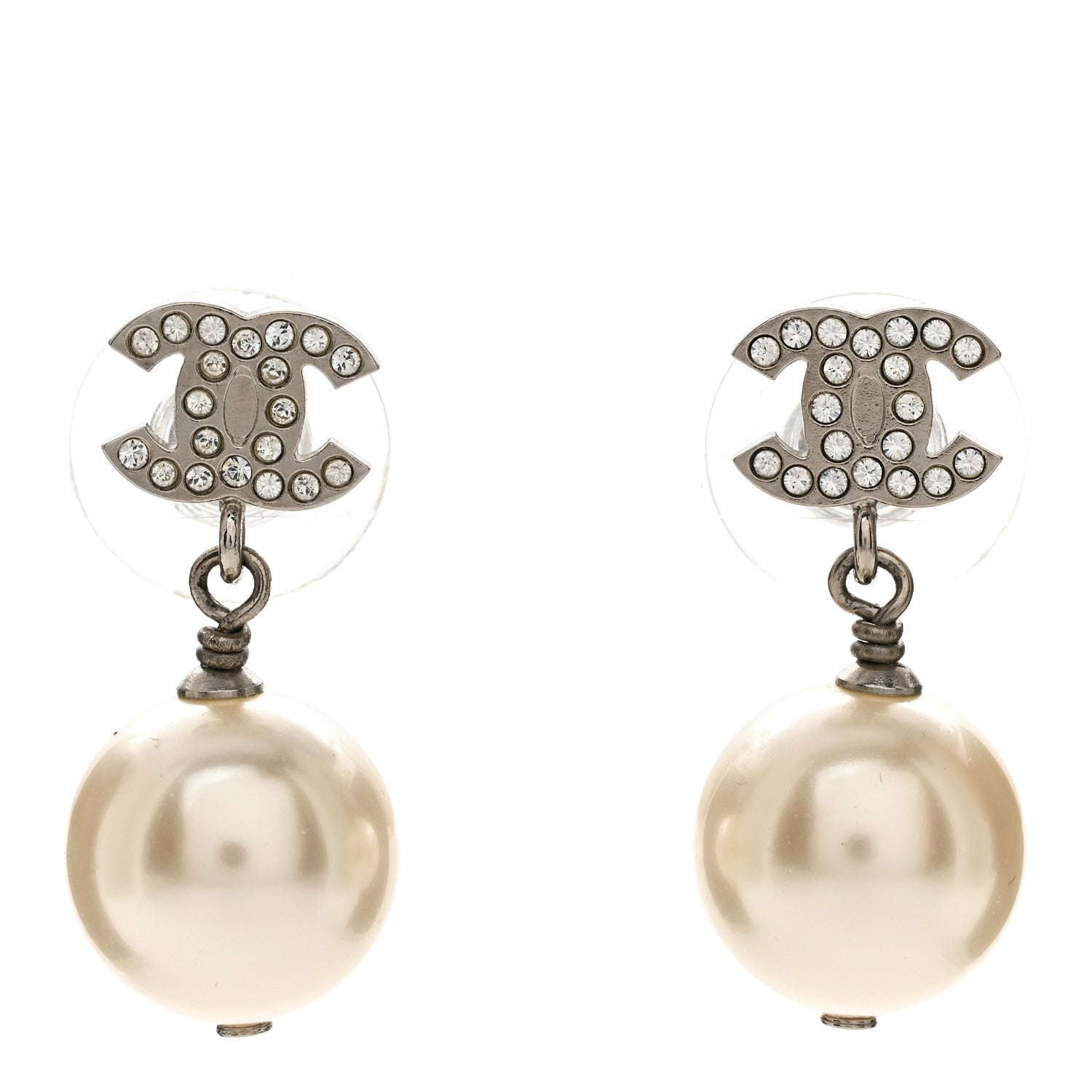 Chanel Crystal Pearl CC Drop Earrings Silver Pearly White 1 of 4