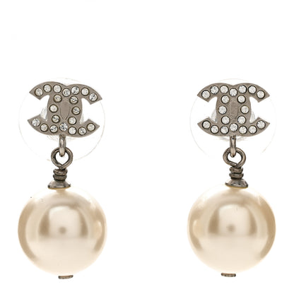Chanel Crystal Pearl CC Drop Earrings Silver Pearly White 1 of 4