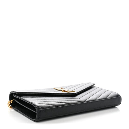 Saint Laurent Grain De Poudre Matelasse Chevron Monogram Chain Wallet Black 4 of 11