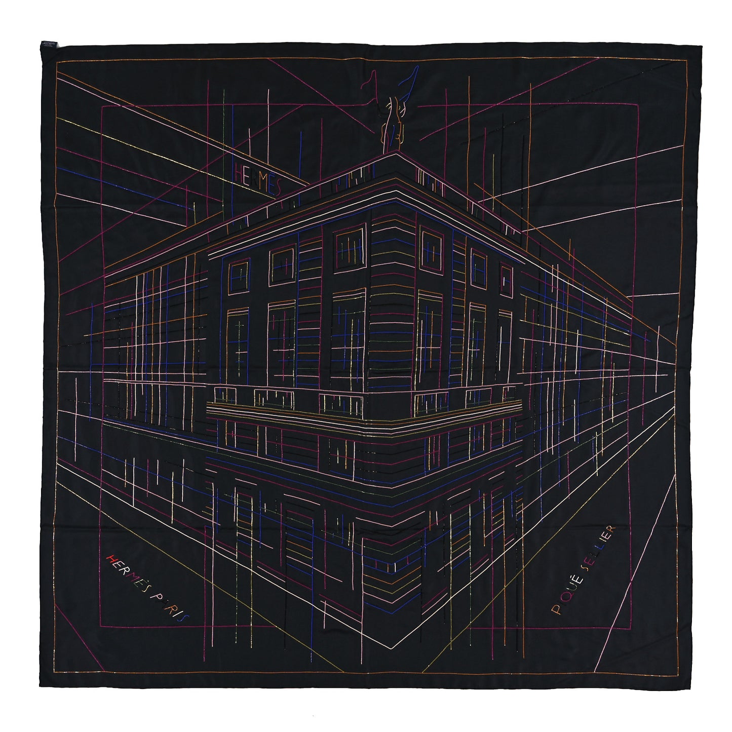 Silk Embroidered Giant Pique Sellier Perle Scarf 140 Black Multicolor