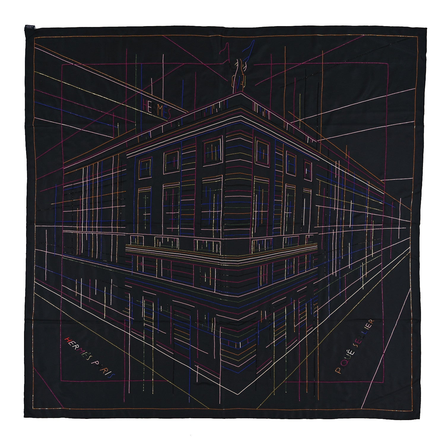 Hermes Silk Embroidered Giant Pique Sellier Perle Scarf 140 Black Multicolor 1 of 3