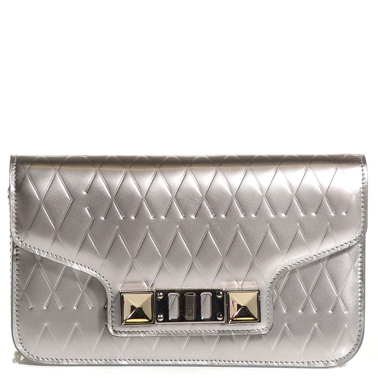 Proenza Schouler Embossed Patent Calfskin Crosshatch PS11 Chain Wallet Silver 1 of 7