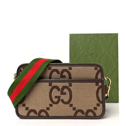 Gucci Monogram Jumbo GG Textured Dollar Calfskin Web Mini Crossbody Bag Camel Ebony New Acero 9 of 9