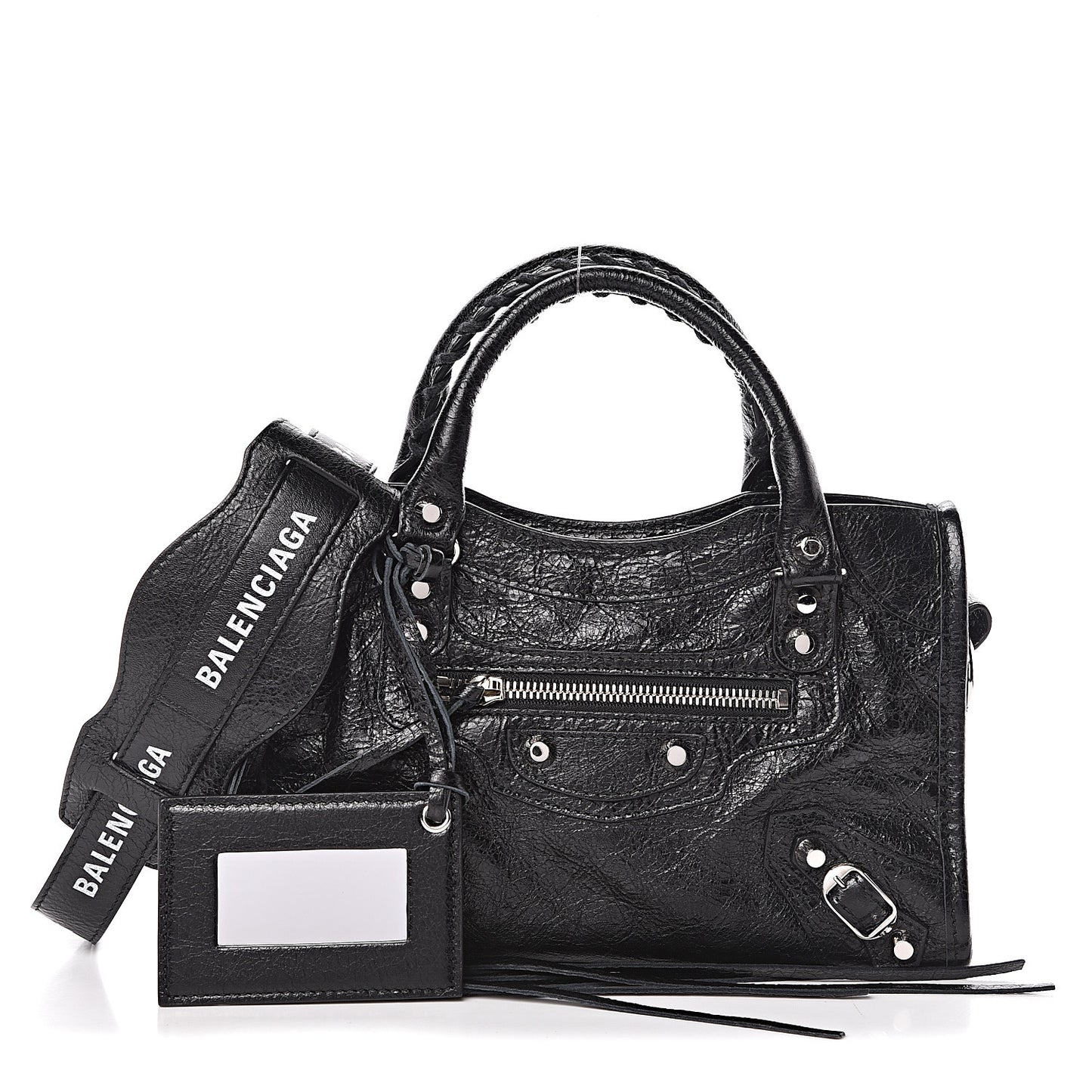 Agneau Classic Silver Hardware Mini City Logo Strap Black White