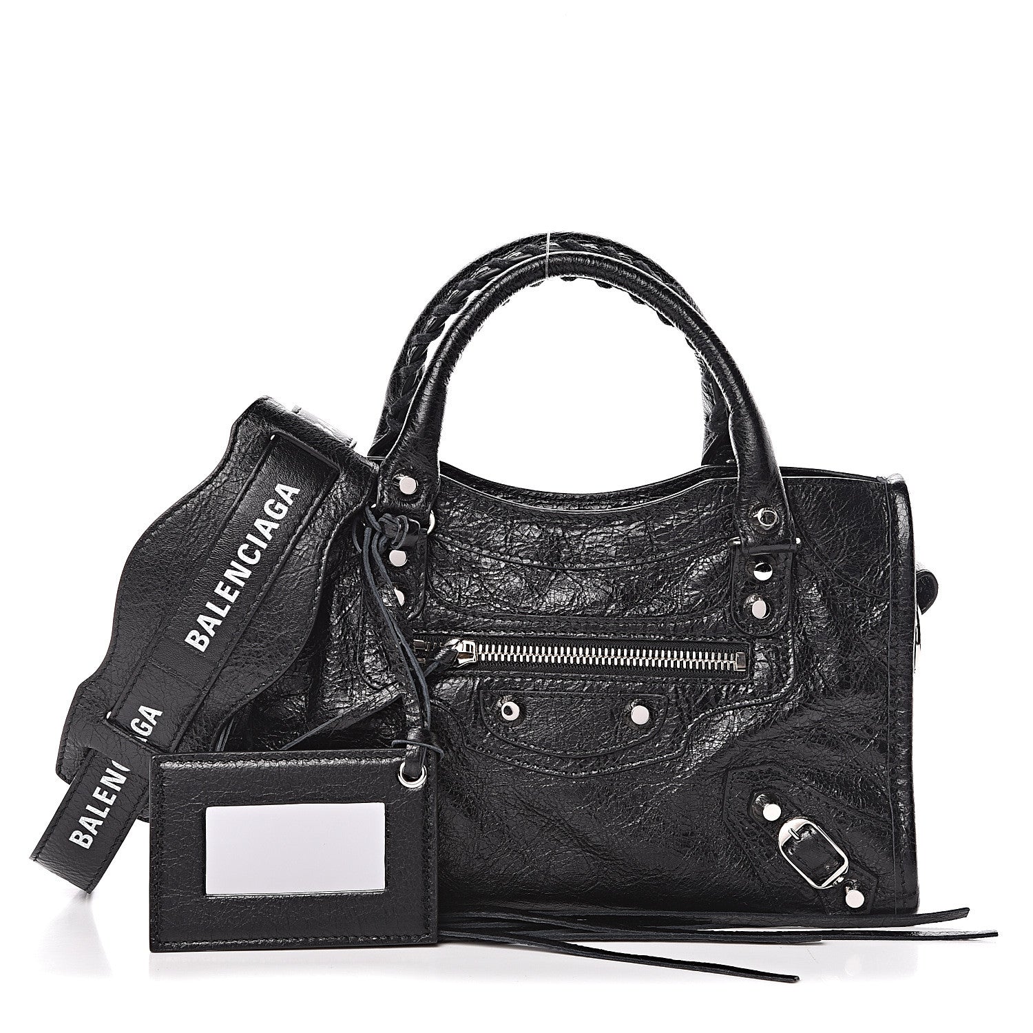 Balenciaga Agneau Classic Silver Hardware Mini City Logo Strap Black White 1 of 9