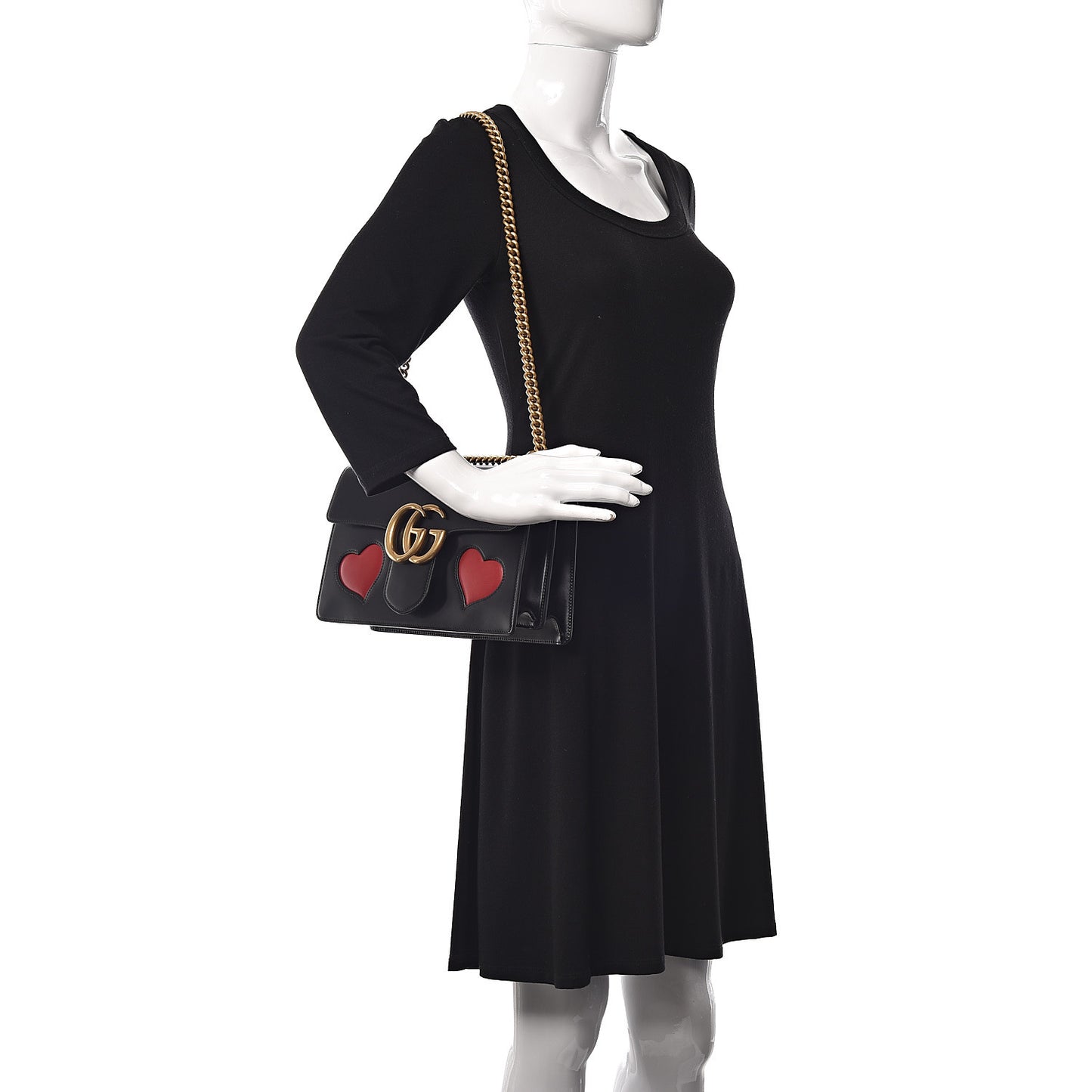 Knight Calfskin Malaga Kid Heart Medium GG Marmont Chain Handle Bag Black Hibiscus Red Multicolor