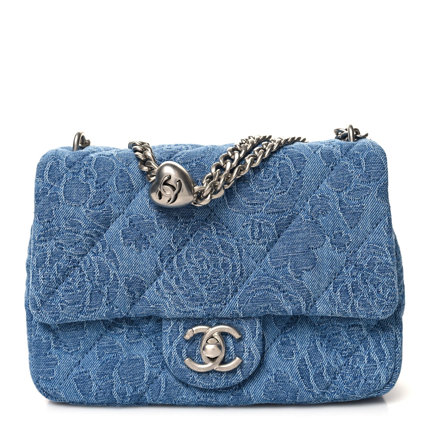 Denim Quilted Camellia Sweetheart Mini Flap Blue