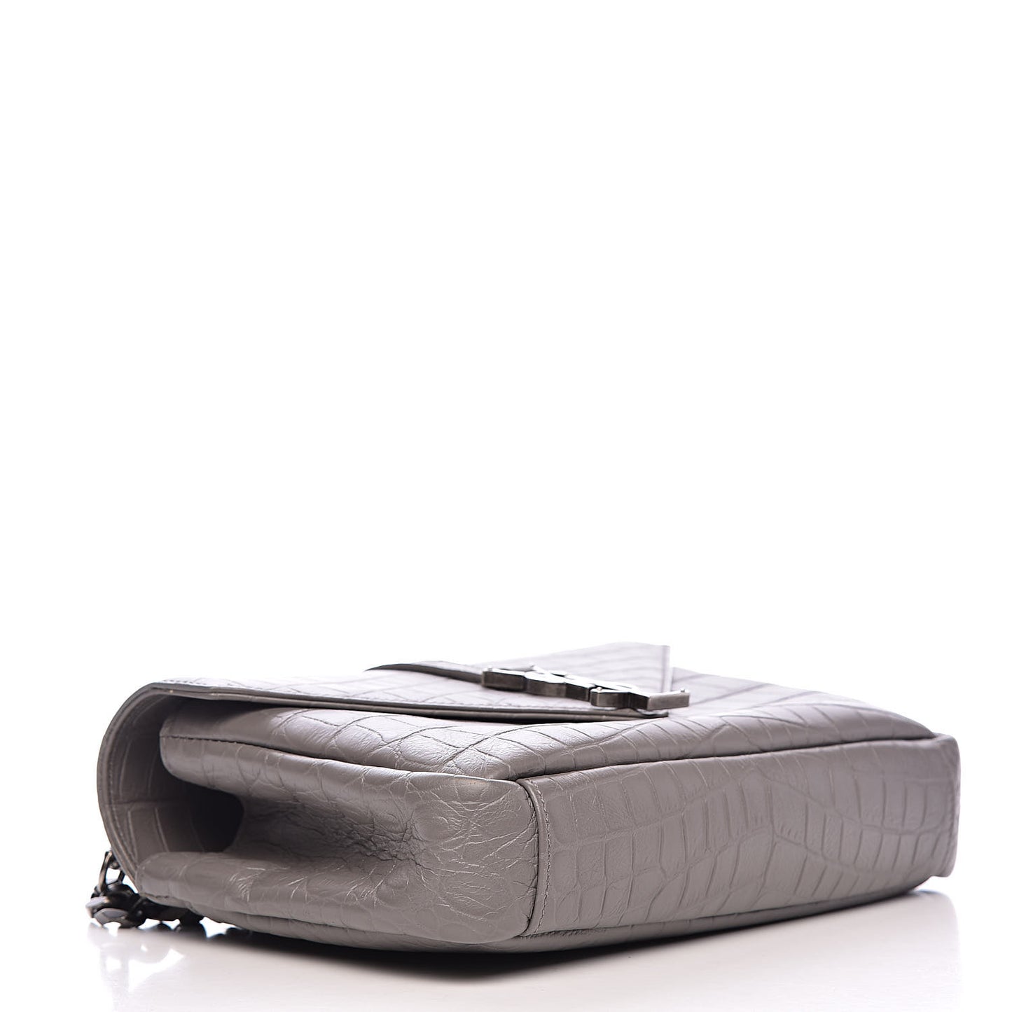 Calfskin Crocodile Embossed Medium College Monogram Satchel Gray