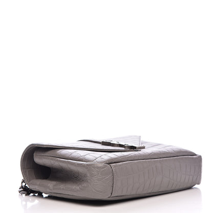 Saint Laurent Calfskin Crocodile Embossed Medium College Monogram Satchel Gray 4 of 15
