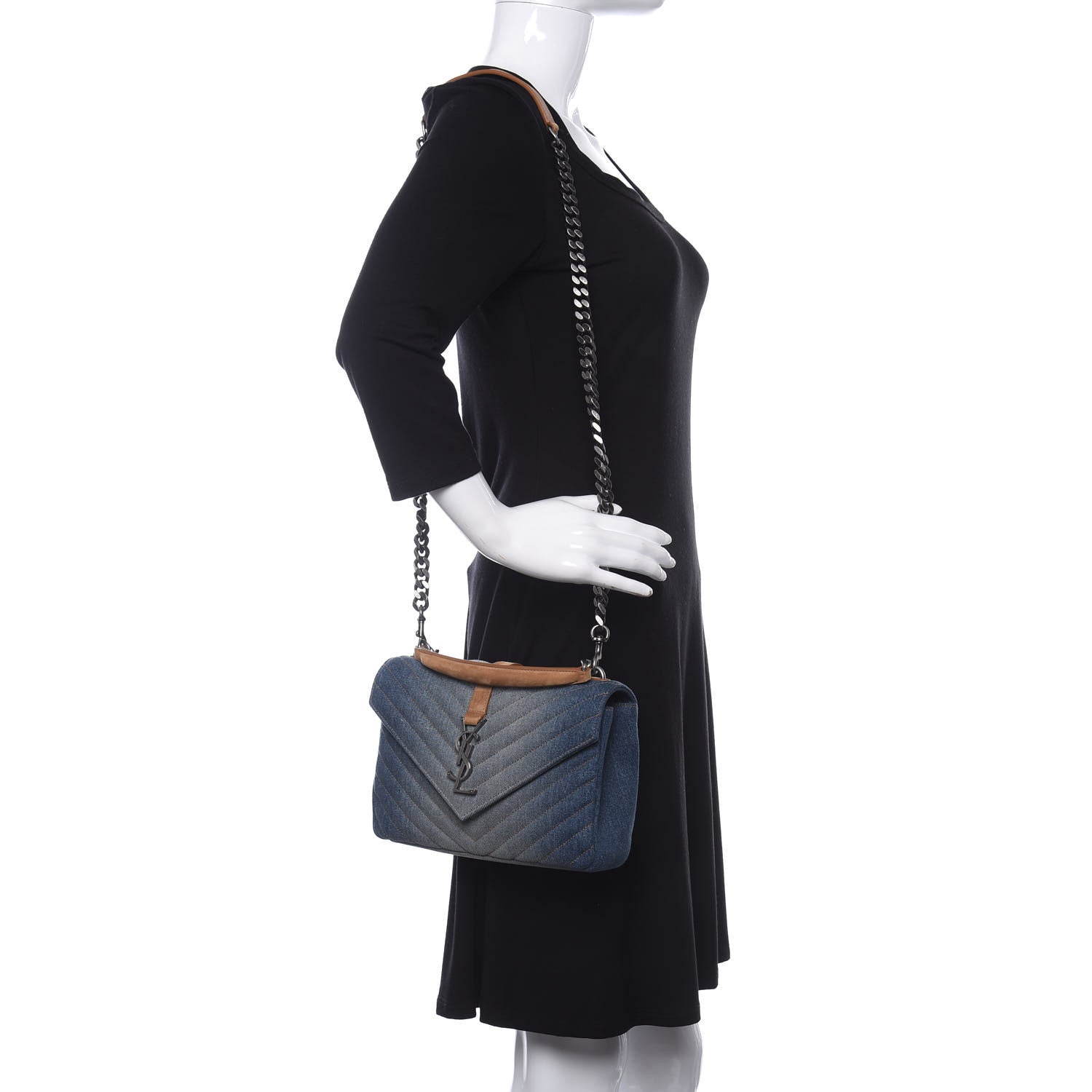 Saint Laurent Washed Denim Matelasse Chevron Monogram Medium College Bag Blue Cinnamon 2 of 10