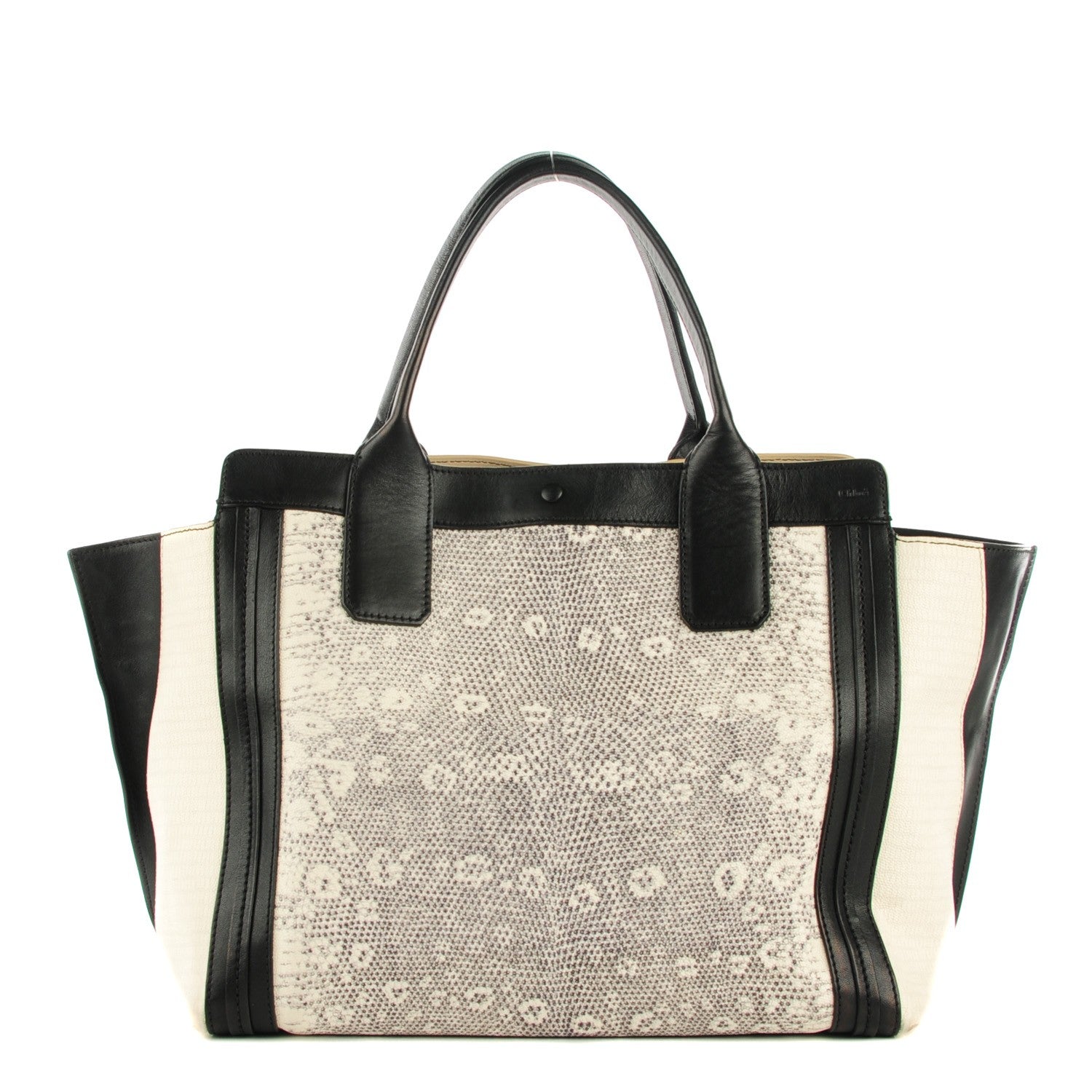 Chloe Grained Calfskin Lizard Embossed Mini Alison East West Tote Black White 1 of 8
